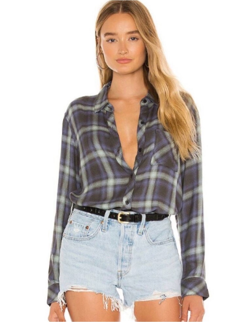 Rails Women's Hunter Plaid Shirt M Mint Ash Blue Button Front Long Sleeve